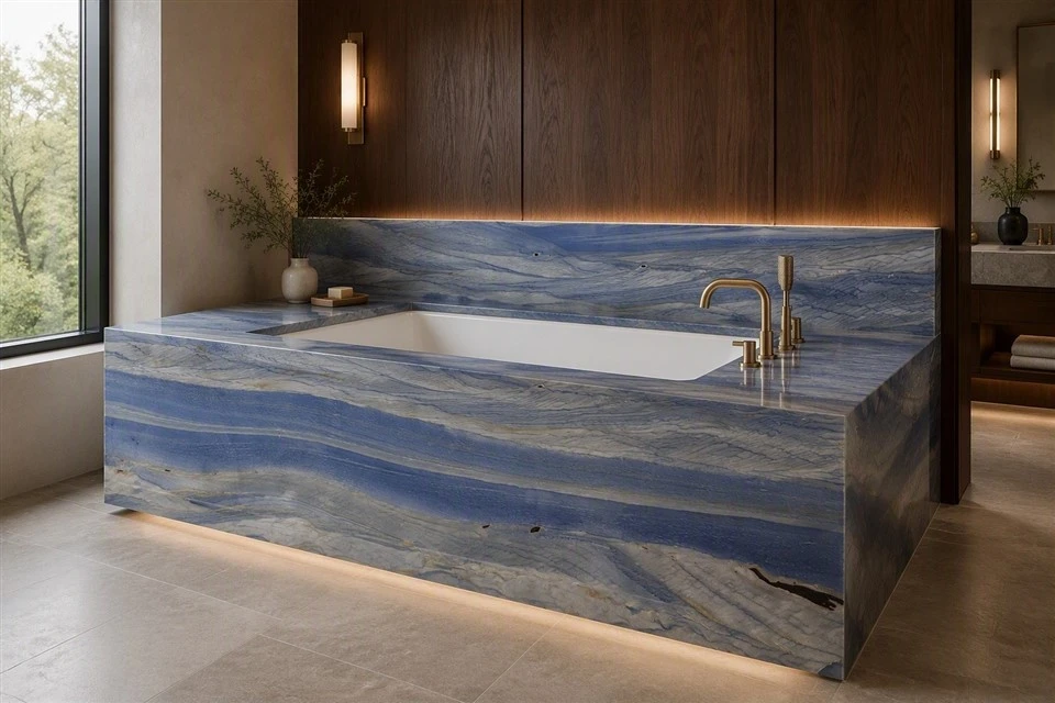 Luxury bathroom with an Azul Macaubas quartzite bathtub deck, full-height front apron, matching backsplash, and champagne-bronze fixtures.