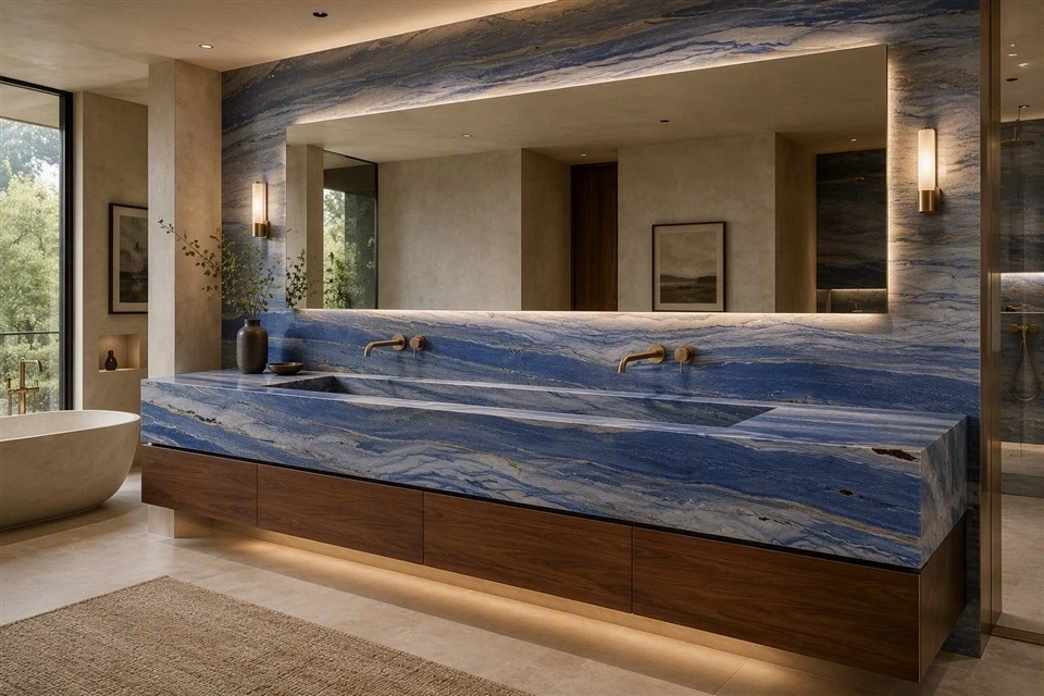 Luxury bathroom vanity with a custom Azul Macaubas quartzite integrated double sink, matching backsplash, and walnut cabinetry.