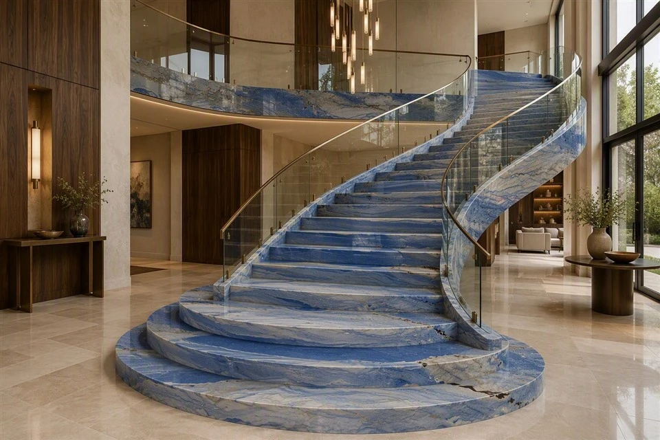 Sculptural helical staircase clad in Azul Macaubas quartzite with curved glass balustrades in a luxury double-height residence.