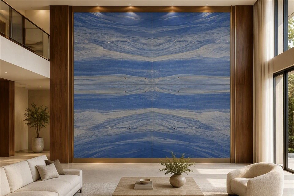 Four-panel Azul Macaubas quartzite feature wall arranged in a four-way book-match with precise central horizontal and vertical joints.