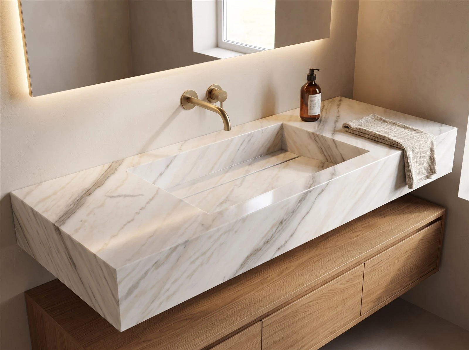Guangxi White Marble bathroom vanity top with an integrated rectangular stone sink and warm oak cabinet Guangxi White Marble bathroom vanity top with an integrated rectangular stone sink and warm oak cabinet