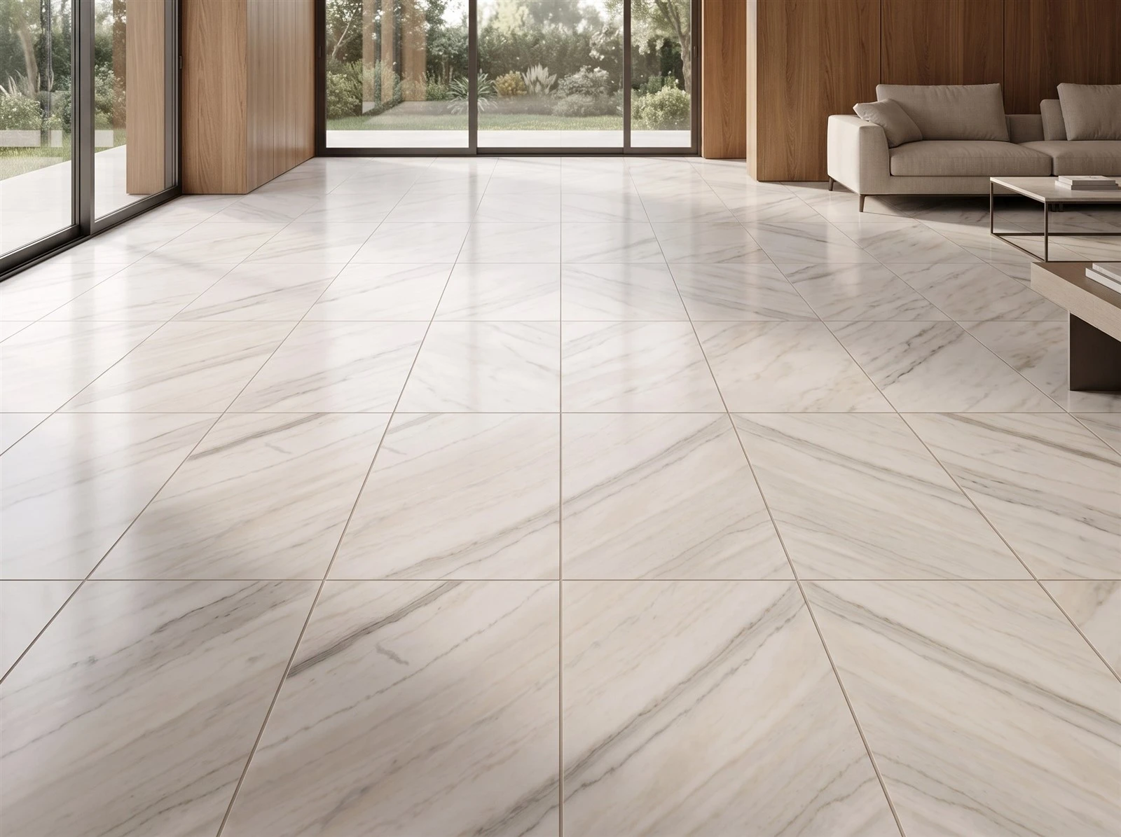 Guangxi White Marble floor tiles with visible grout joints installed in a contemporary custom home living room Guangxi White Marble floor tiles with visible grout joints installed in a contemporary custom home living room
