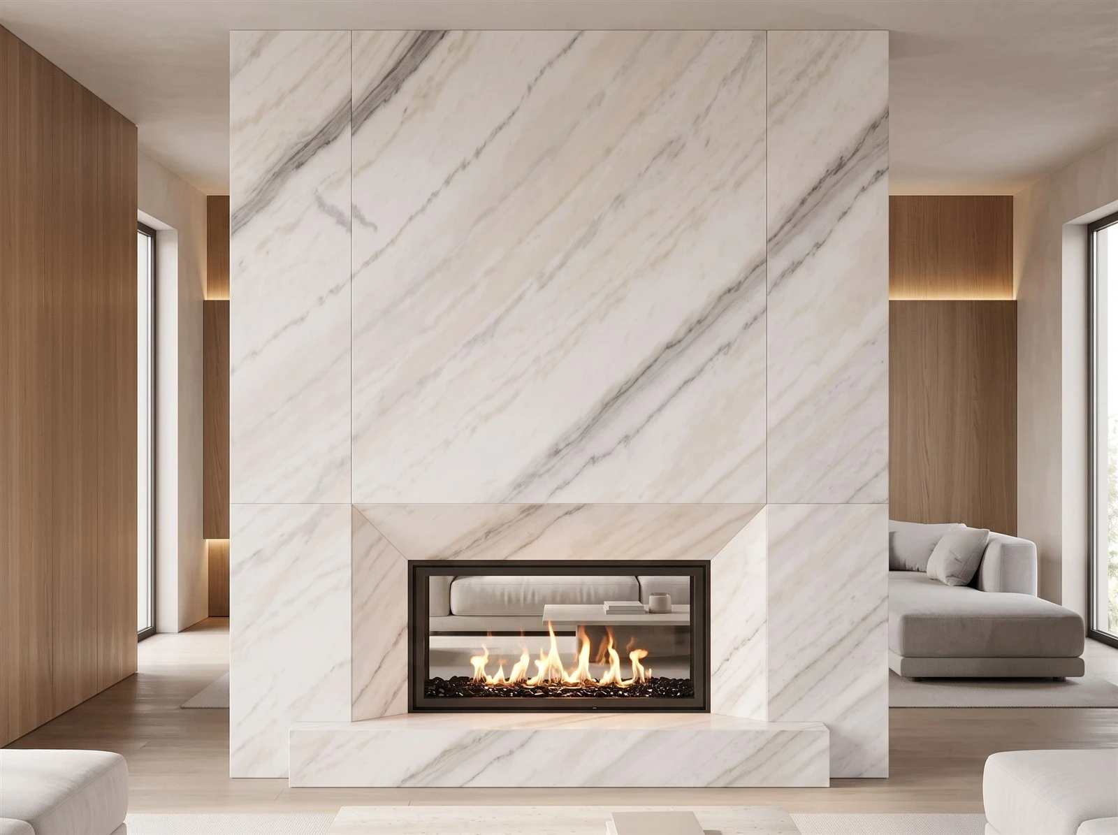 Floor-to-ceiling Guangxi White Marble fireplace surround with coordinated panels in a contemporary living room Floor-to-ceiling Guangxi White Marble fireplace surround with coordinated panels in a contemporary living room
